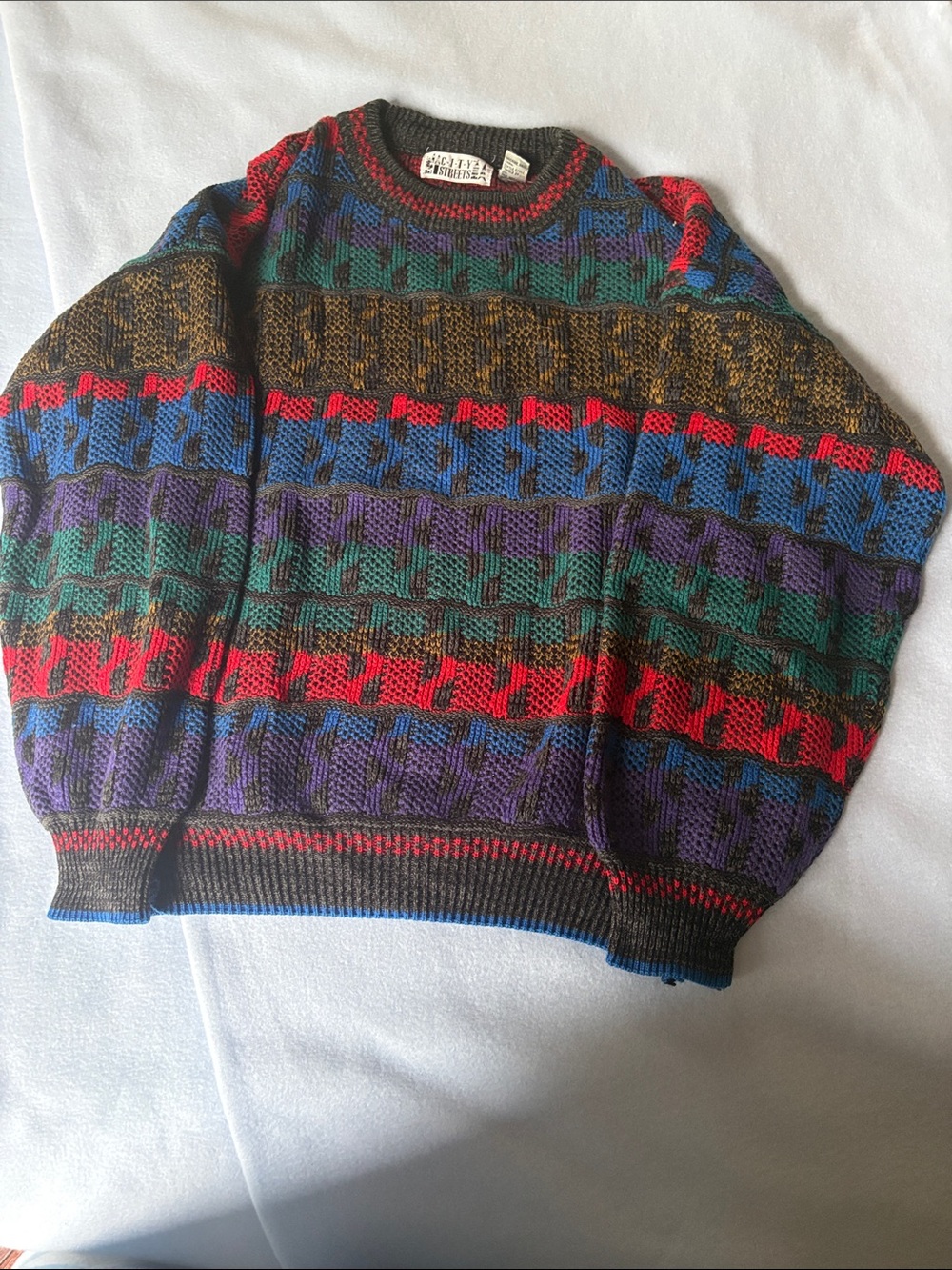 Vintage Multicolor Patterned Crewneck Sweater - City Streets